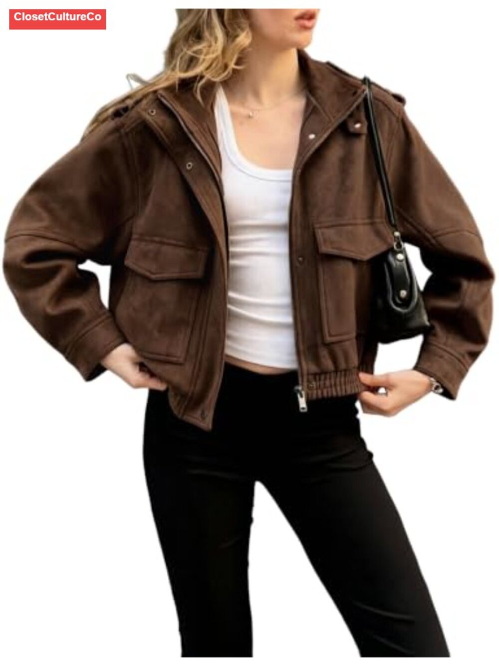 Cropped Oversized Faux Suede Bomber Jacket Womens Zip Fall Coat